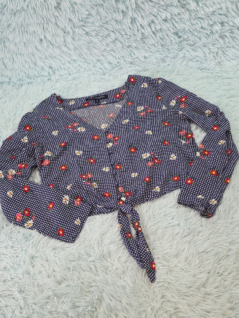 One Clothing Los Angeles Gingham Floral Tie Front Crop Top Blouse V-Neck S